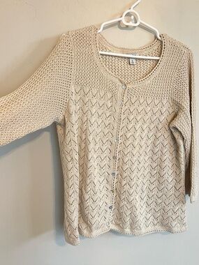 L.L.Bean Cottage Core Natural XL Coastal Crochet Knit Linen Cotton Cardigan